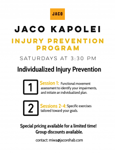 Flier describing injury prevention services at JACO Rehab in Kapolei